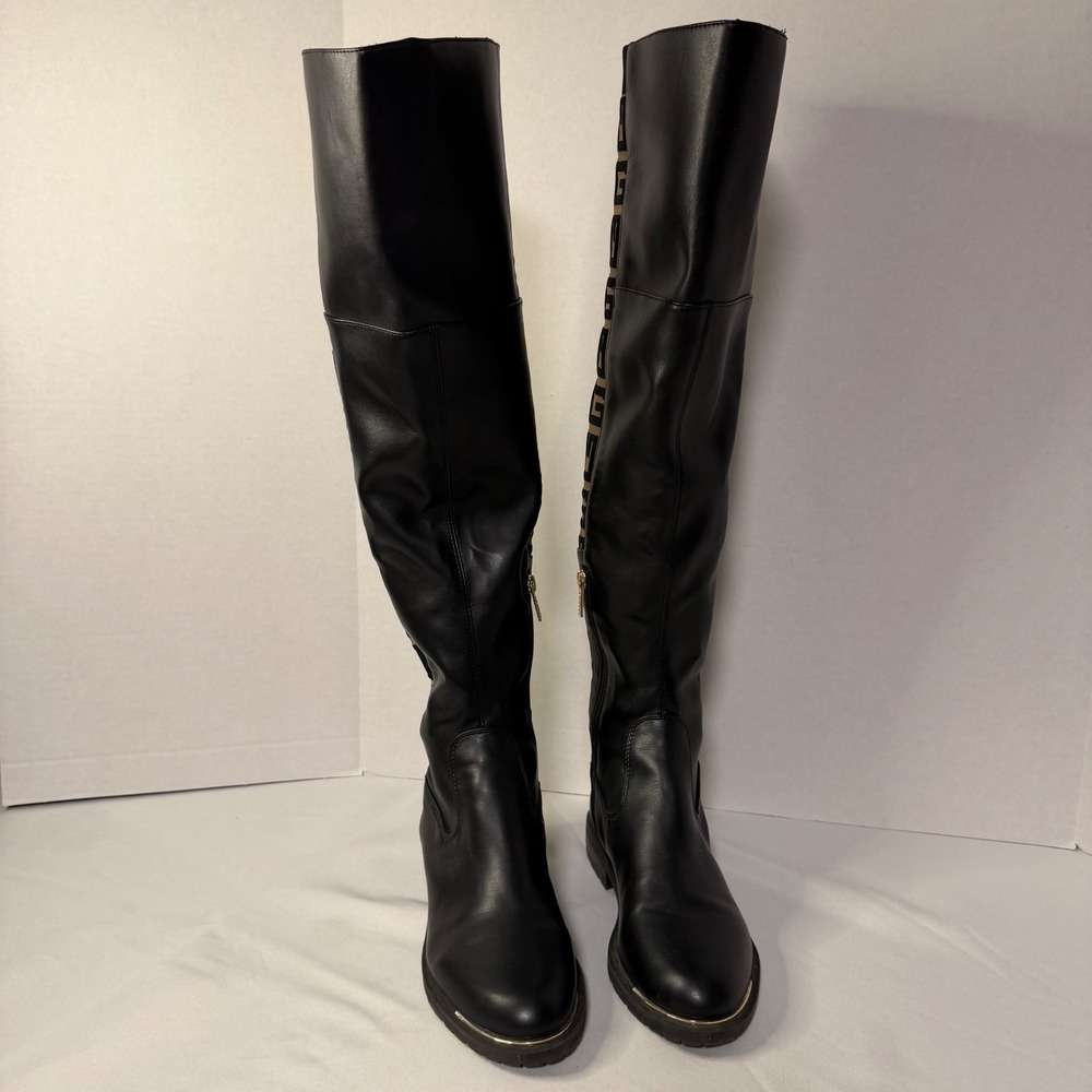 Guess Over The Knee Boots Womens Black Tan Monogram Knit Pull on/Zip